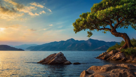 Beautiful sunset over the sea with big tree and mountains on backgroundの写真素材
