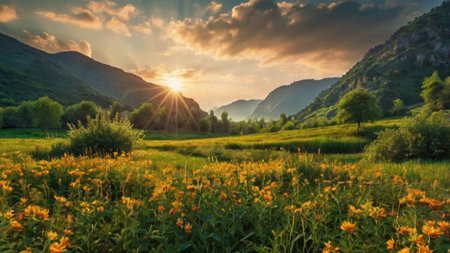 Sunset over the meadow with yellow flowers in the mountains.の写真素材
