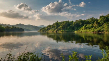 Landscape of the lake in the morning with beautiful sky and cloudsの写真素材