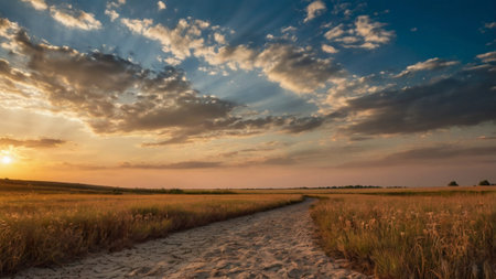 Sunset over a field of wheat and a path in the foreground