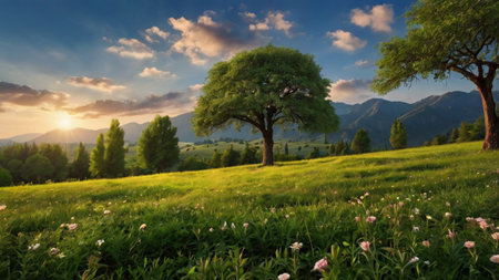 Beautiful summer landscape with blooming meadow and big tree.