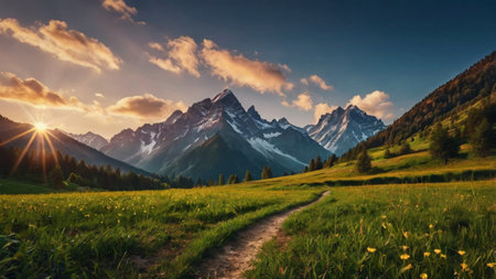 panoramic view of the alps and meadow at sunsetの写真素材