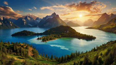 Wonderful panoramic view of alpine lake. Beauty world.の写真素材