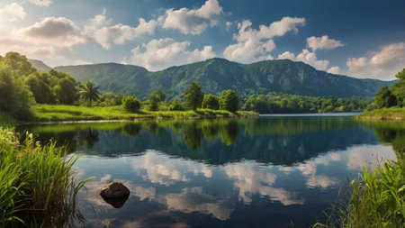 Beautiful summer landscape with lake and mountains. Panorama of a lake in the mountains.の写真素材