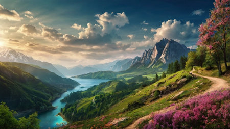Beautiful spring landscape with alpine lake and mountain peaks at sunsetの写真素材
