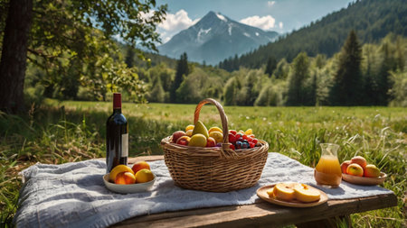 Picnic in the mountains. Picnic basket with fruit and wine on a wooden table.の写真素材