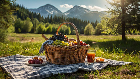 Picnic basket with fruit and juice on the grass in the mountainsの写真素材