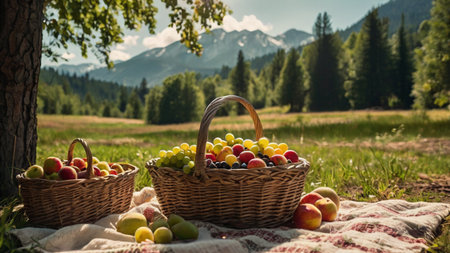 Wicker basket full of ripe fruits and picnic blanket in the mountainsの写真素材