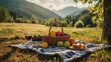 Wicker basket with fruits and wine on picnic blanket in mountains.の写真素材