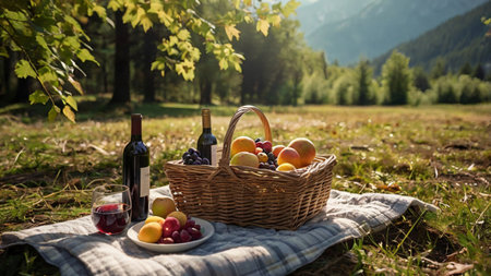 Picnic basket with wine, plums and apricots on blanket in forestの写真素材