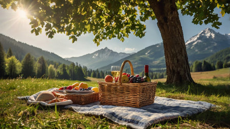 Picnic in the Alps. Picnic basket with fruit and wine.の写真素材
