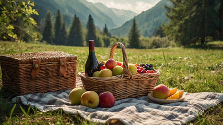 Picnic basket with fruits and wine on the grass in the mountainsの写真素材