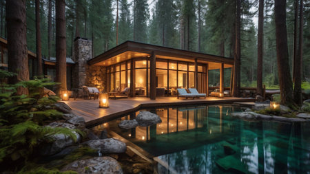 Luxury wooden house with swimming pool in the forest at nightの写真素材