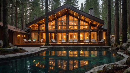 3d rendering of modern cozy chalet with pool and parking for sale or rent. Beautiful forest on the background. Massive timber beams columns. Cool summer night with shiny water.の写真素材