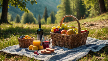 Picnic in the mountains. Picnic basket with fruit and wineの写真素材