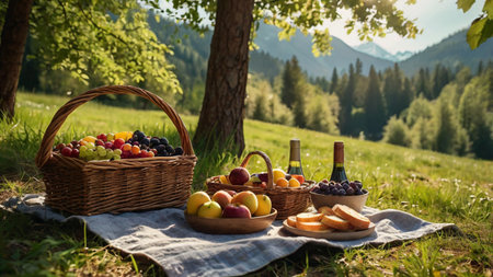 Picnic in the mountains. Picnic basket with fruits and wineの写真素材