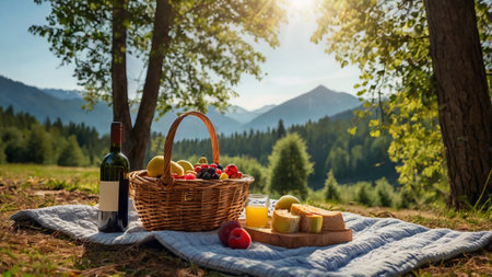 Wicker basket with wine, fruits and cheese on blanket in mountainsの写真素材