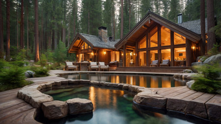 Luxury chalet in the forest at night. Wooden house with swimming pool.