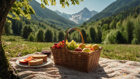 Picnic in the Alps. Picnic basket with fruit and bread.の写真素材
