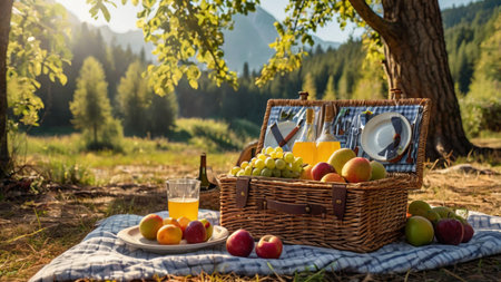 Picnic in the mountains. Picnic basket with fruit and wine on a blanket.の写真素材