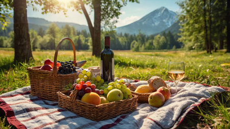 Picnic basket with wine and fruits on a blanket in the mountainsの写真素材
