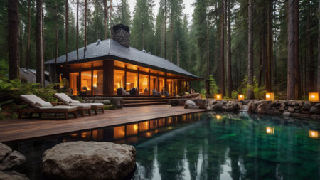 3d rendering of modern cozy chalet with pool and parking for sale or rent. Luxury chalet in the forest at night.の写真素材