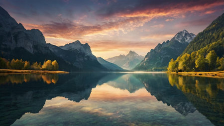panoramic view of alpine lake braies at sunset, italy