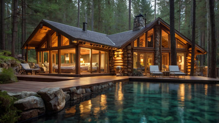 Luxury wooden house with swimming pool in the forest at night