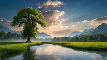 Lonely tree on the lake at sunrise. Landscape with green meadow and mountains.の写真素材