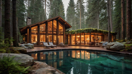 Beautiful wooden house with a swimming pool in the middle of the forestの写真素材