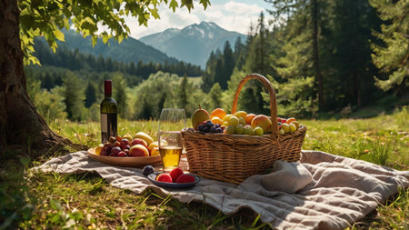 Picnic basket with grapes and wine in mountainsの写真素材