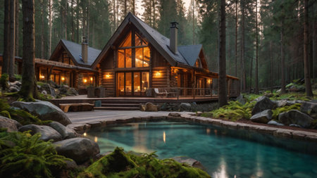 Swimming pool in the forest at dusk. Wooden log house.の写真素材