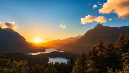 Sunset in the Dolomites, Italy. Panoramic view of the lake.の写真素材