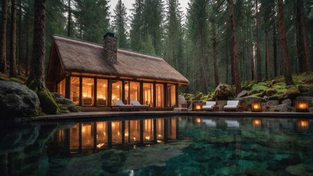 Swimming pool in the forest with a wooden house in the middleの写真素材