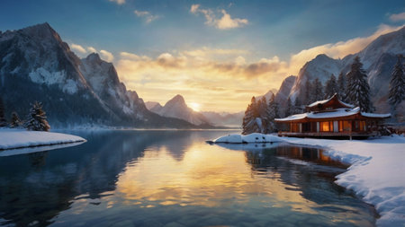 Beautiful winter landscape of Lake Misurina and Dolomites mountains in Italyの写真素材
