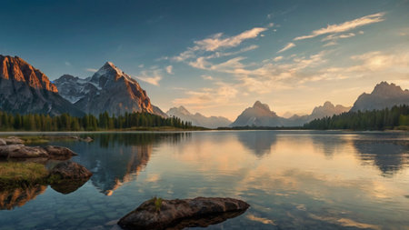 Panoramic view of Dolomites lake in Italy. Beautiful summer landscape.の写真素材