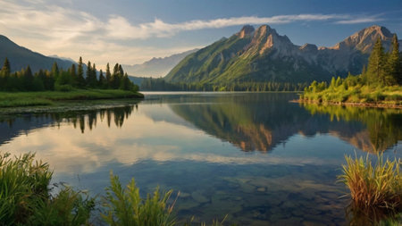 Mountain lake with reflection of the mountains in the water. Beautiful summer landscape.の写真素材