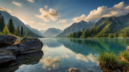Panoramic view of the mountain lake. Beautiful summer landscape.