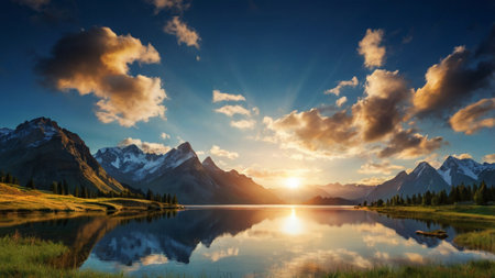 Mountain lake at sunset. Grand Teton National Park, Wyoming, USA.の写真素材