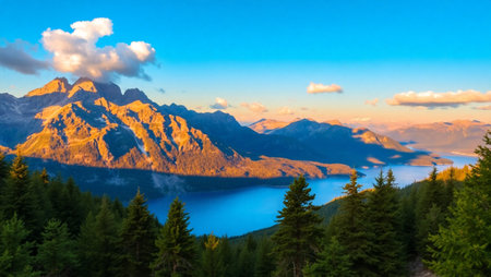 Sunset over Lake Lucerne, Switzerland. Beautiful panoramic view