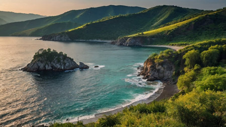 Panorama of the sea and mountains at sunset, Crimea, Ukraineの写真素材