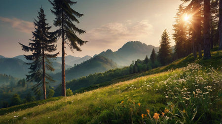 Sunset in the mountains. Landscape with coniferous trees.の写真素材