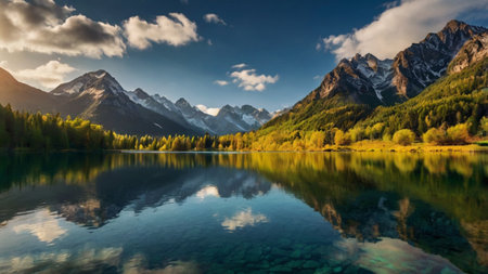 Panoramic view of the alpine lake with reflection of snowcapped mountainsの写真素材