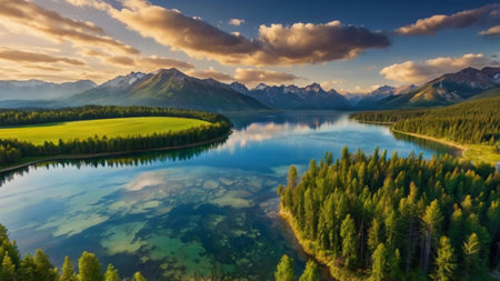 Aerial view of beautiful mountain lake in the Canadian Rockies. Summer landscape.の写真素材