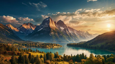 Beautiful panoramic view of the lake in the mountains.の写真素材