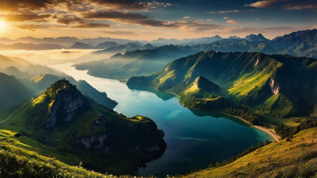 Beautiful alpine landscape with mountains and lake at sunset, Switzerland