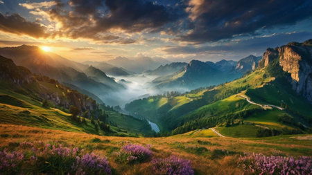 Panoramic view of foggy summer morning in Switzerlandの写真素材