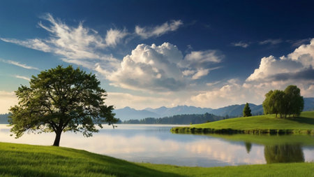 Lonely tree on a green meadow with lake in the backgroundの写真素材