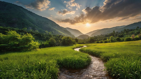 Panoramic view of green rice field and river in the morningの写真素材