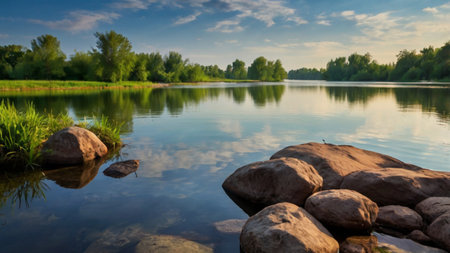 Panoramic view of the lake with stones and blue sky.の写真素材